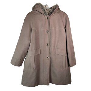 Union Made ILGWU Vintage Hooded Winter Coat Faux Fur Lined Womens 14 Neutral